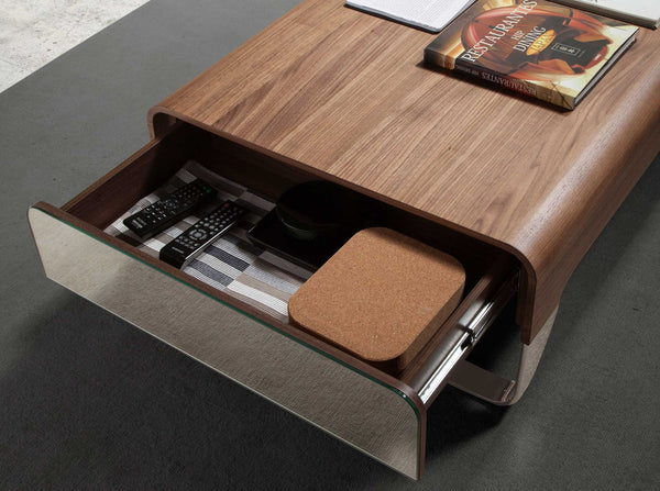 Rectangular coffee table in walnut and chromed steel