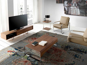 Rectangular coffee table in walnut and chromed steel