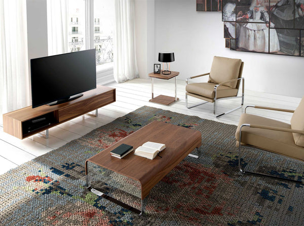 Rectangular coffee table in walnut and chromed steel