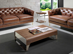 Rectangular coffee table in walnut and chromed steel