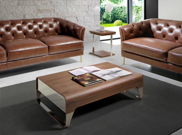 Rectangular coffee table in walnut and chromed steel