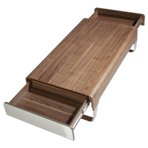 Rectangular coffee table in walnut and chromed steel