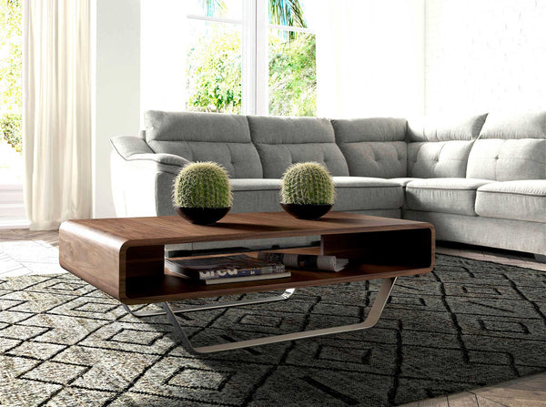 Rectangular coffee table in walnut and chromed steel