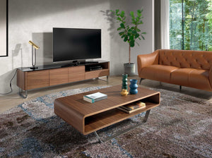 Rectangular coffee table in walnut and chromed steel