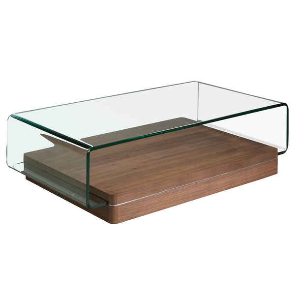 Rectangular coffee table in tempered glass and walnut