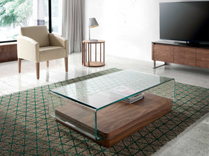 Rectangular coffee table in tempered glass and walnut