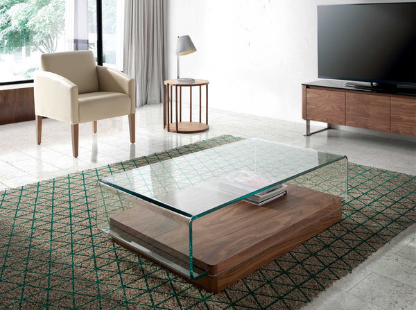 Rectangular coffee table in tempered glass and walnut