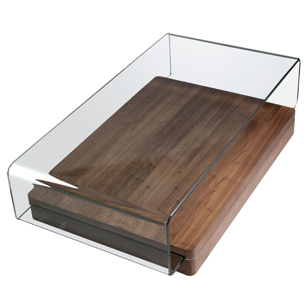Rectangular coffee table in tempered glass and walnut