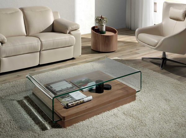 Rectangular coffee table in tempered glass and walnut
