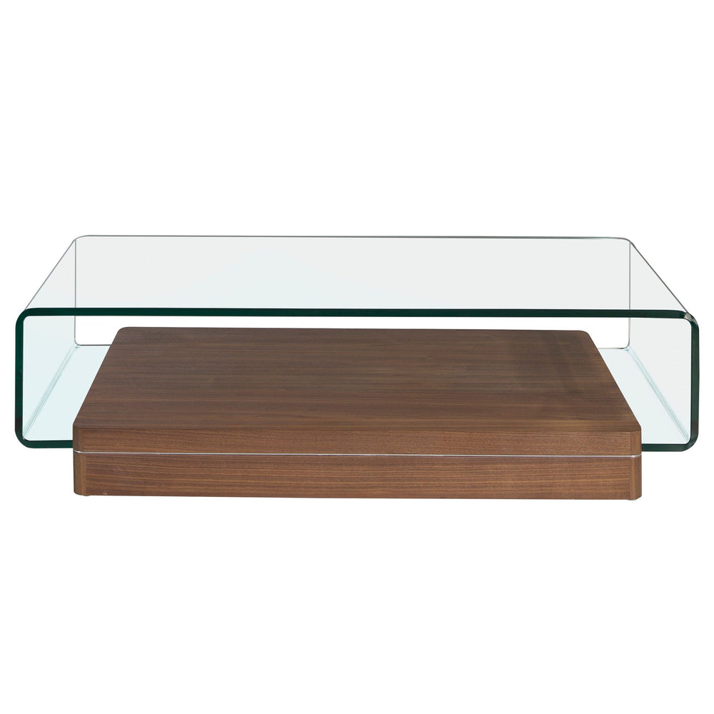 Rectangular coffee table in tempered glass and walnut
