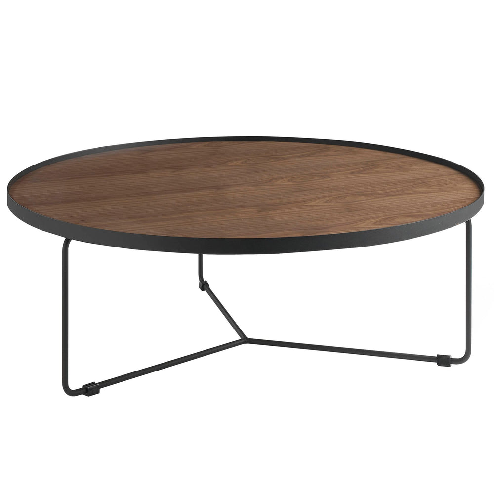 Round coffee table in walnut and black steel