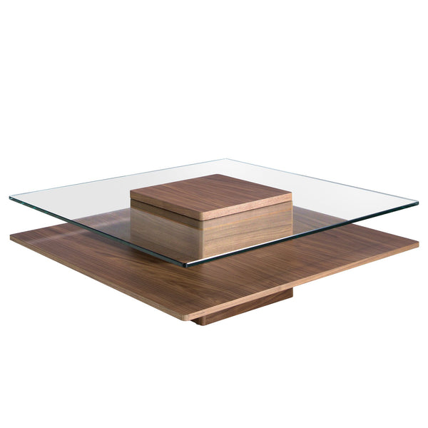Square coffee table in tempered glass and walnut