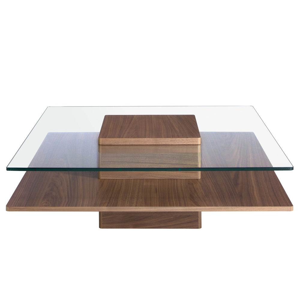 Square coffee table in tempered glass and walnut