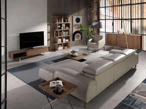 Square coffee table in tempered glass and walnut