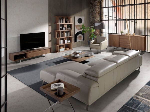 Square coffee table in tempered glass and walnut