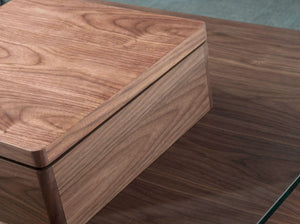 Square coffee table in tempered glass and walnut