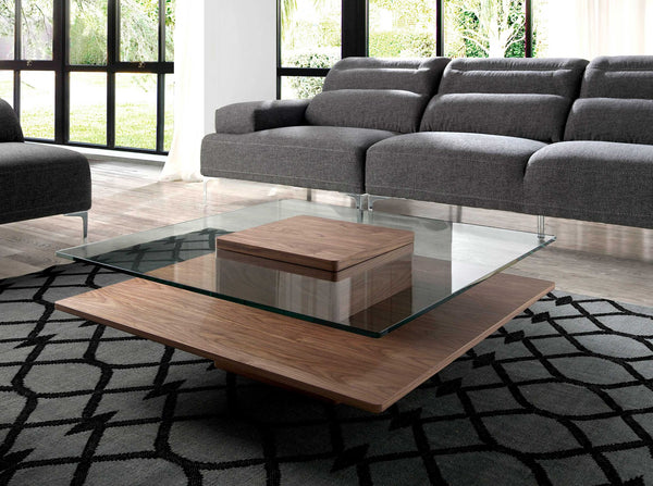 Square coffee table in tempered glass and walnut