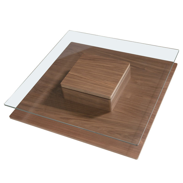 Square coffee table in tempered glass and walnut