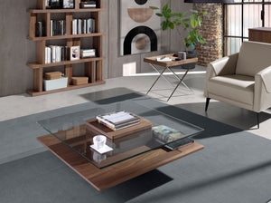 Square coffee table in tempered glass and walnut