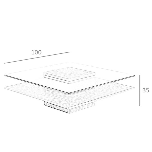 Square coffee table in tempered glass and walnut