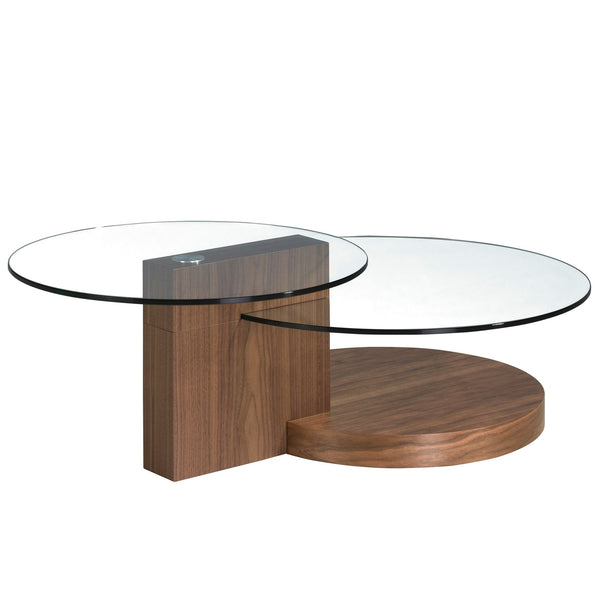 Round coffee table in tempered glass and walnut L120