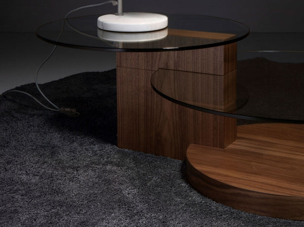 Round coffee table in tempered glass and walnut