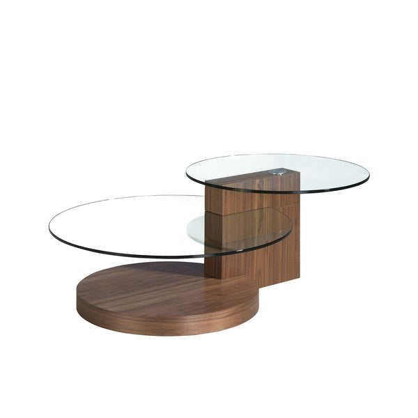 Round coffee table in tempered glass and walnut