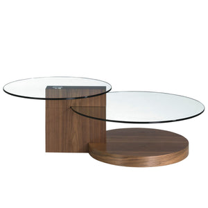 Round coffee table in tempered glass and walnut