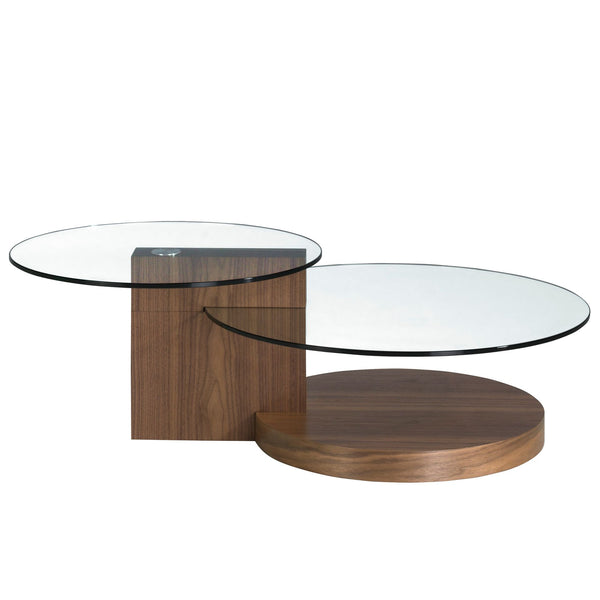 Round coffee table in tempered glass and walnut