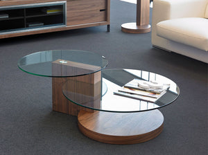 Round coffee table in tempered glass and walnut