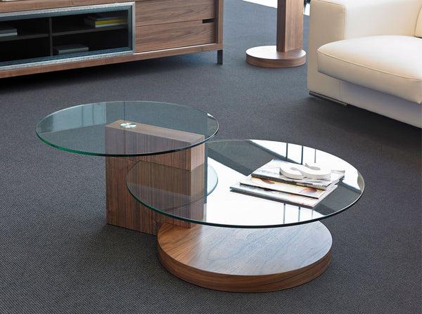 Round coffee table in tempered glass and walnut