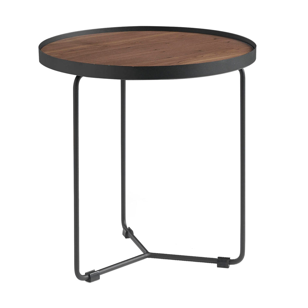 Round corner table in walnut and black steel