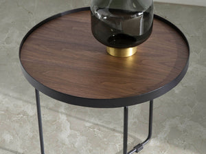 Round corner table in walnut and black steel