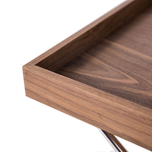 Rectangular corner table in walnut and chromed steel