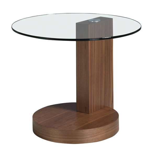 Round side table in tempered glass and walnut