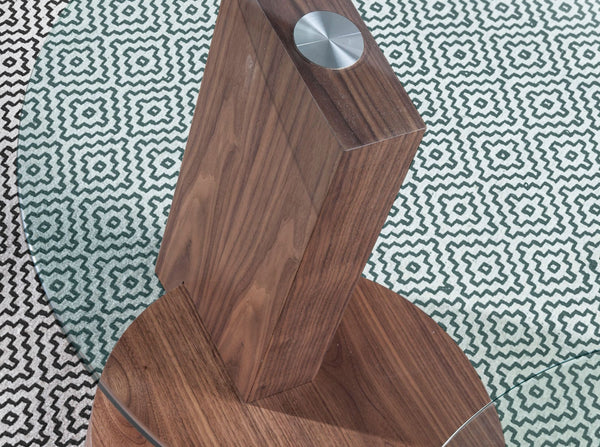 Round side table in tempered glass and walnut