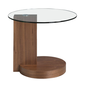 Round side table in tempered glass and walnut