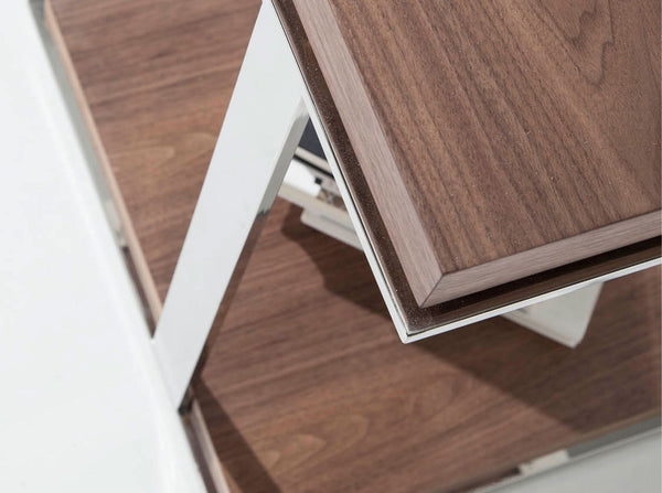 Square corner table in walnut and chromed steel