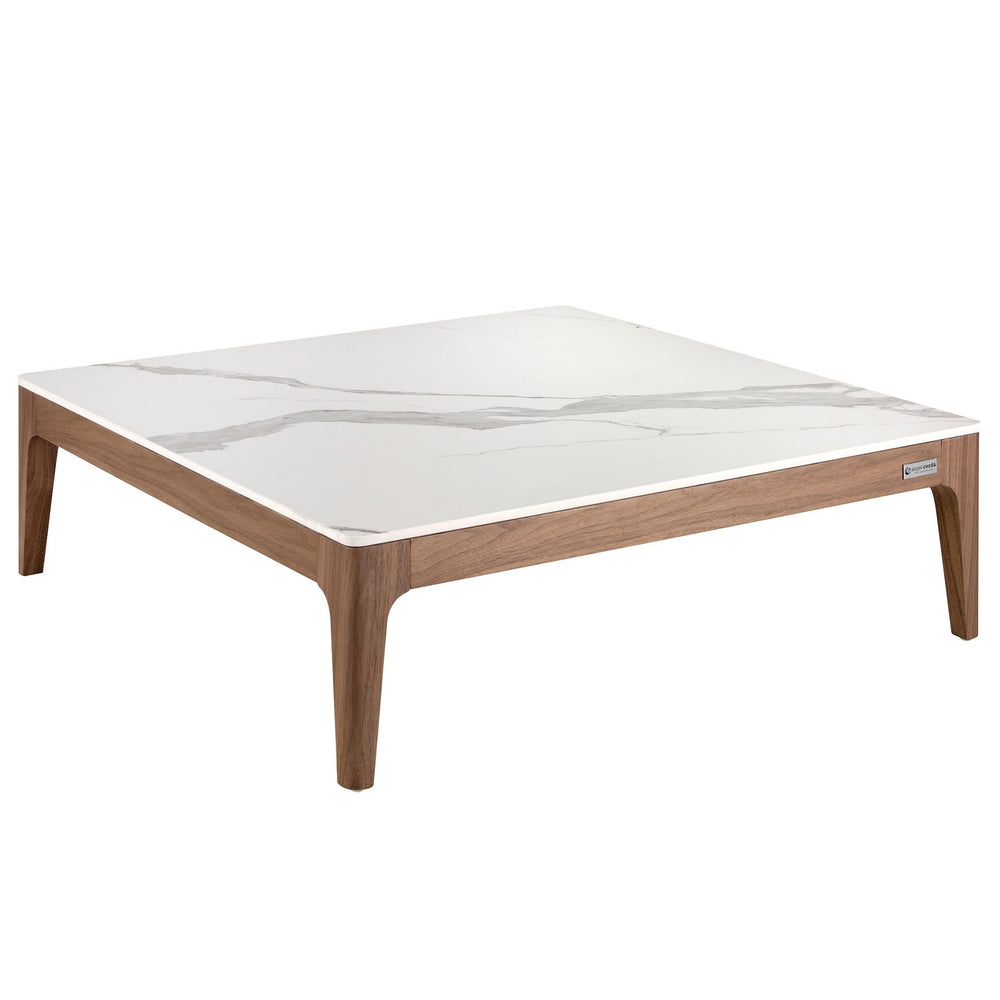 Square coffee table in porcelain, marble and walnut