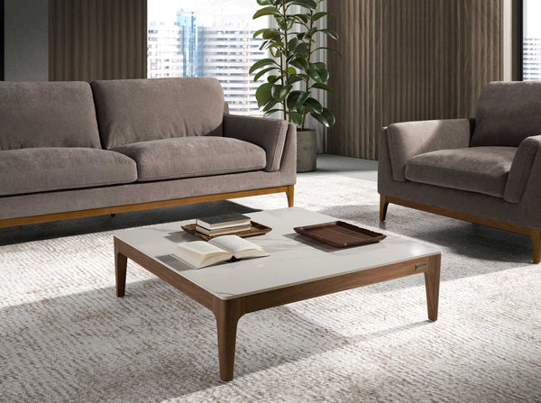 Square coffee table in porcelain, marble and walnut