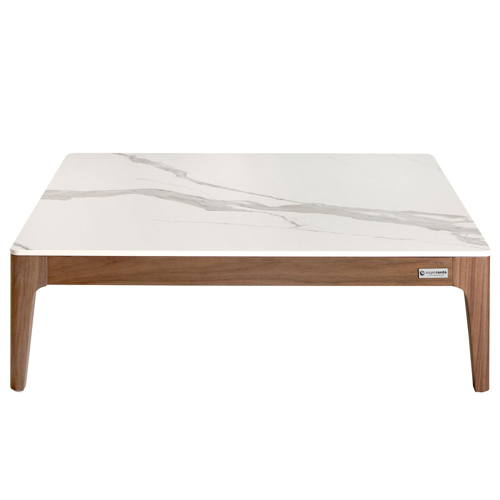 Square coffee table in porcelain, marble and walnut