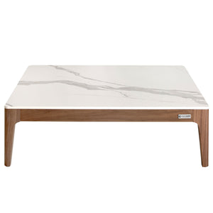 Square coffee table in porcelain, marble and walnut