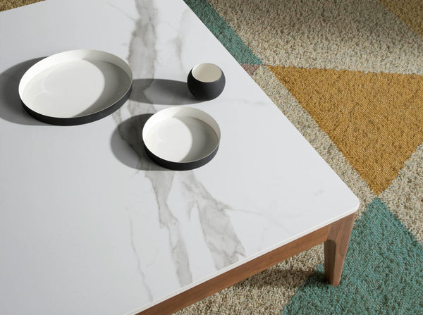 Square coffee table in porcelain, marble and walnut