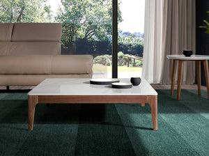 Square coffee table in porcelain, marble and walnut