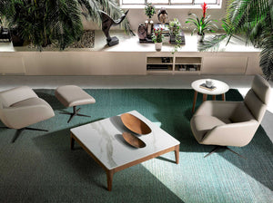 Square coffee table in porcelain, marble and walnut