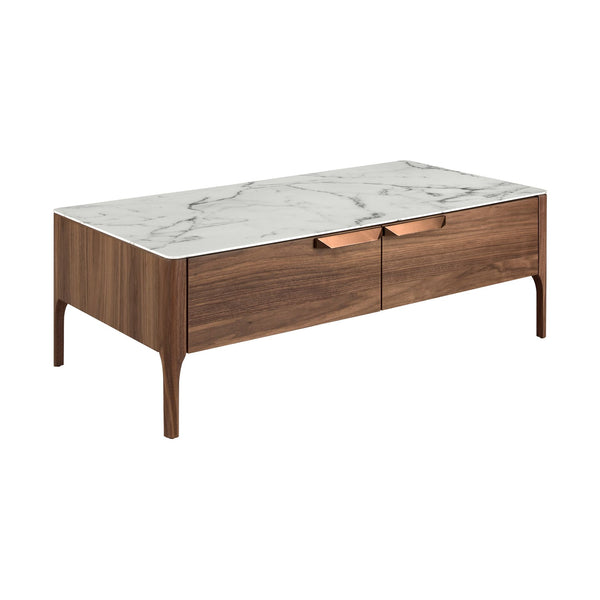 Rectangular glass coffee table imitating marble and walnut