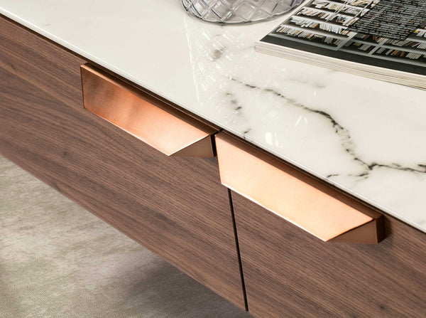 Rectangular glass coffee table imitating marble and walnut