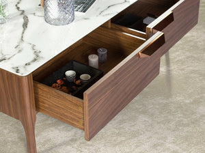 Rectangular glass coffee table imitating marble and walnut