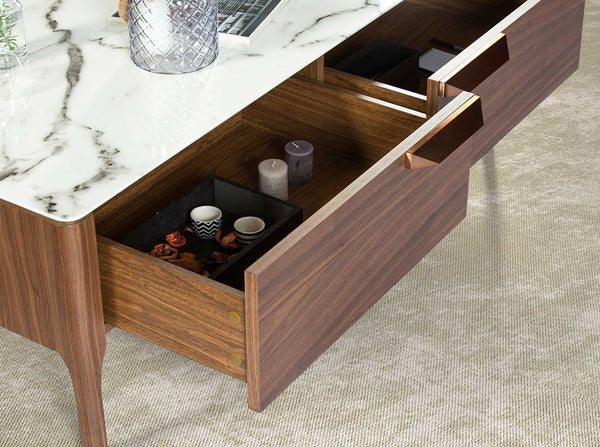 Rectangular glass coffee table imitating marble and walnut
