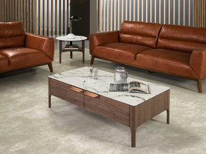 Rectangular glass coffee table imitating marble and walnut